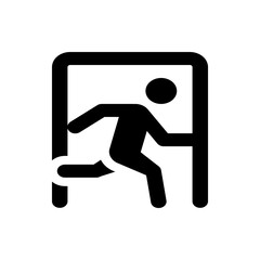 A simple black and white icon depicting a person running through a doorway or emergency exit symbol design