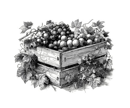 Vintage illustration of a wooden crate filled with fresh grapes and vine leaves against a plain background
