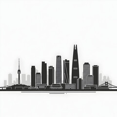 City Skyline Silhouette with Tower and Skyscrapers in Monochrome