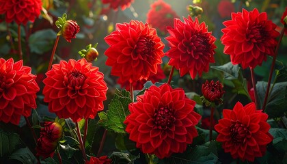 Vibrant red dahlia blossoms