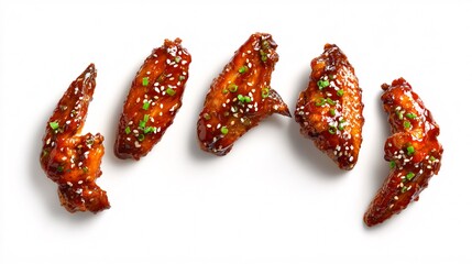 Glazed Barbecue Chicken Wings with Sesame and Scallions on White Background