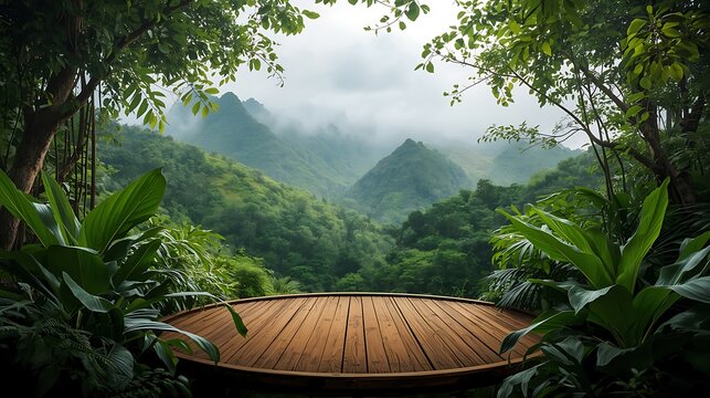 Circular wooden platform overlooking a lush green misty tropical rainforest mountain landscape - Powered by Adobe