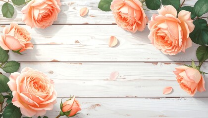 Peach roses on distressed white wood