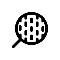 A simple black and white line drawing of a round object with a grid pattern and a handle attached to it