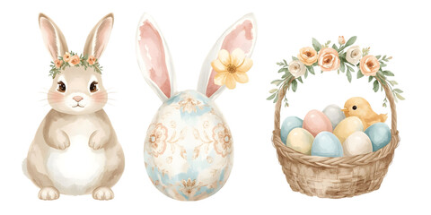 Easter Collection: Charming watercolor illustrations capture the spirit of spring with adorable rabbits, decorated eggs, and a basket overflowing with colorful delights.