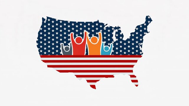 American Flag Map with Celebrating People in USA map. Animation Video