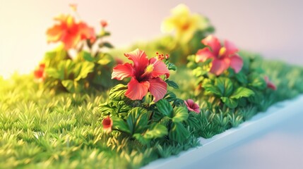 Colorful hibiscus plants in grassy setting