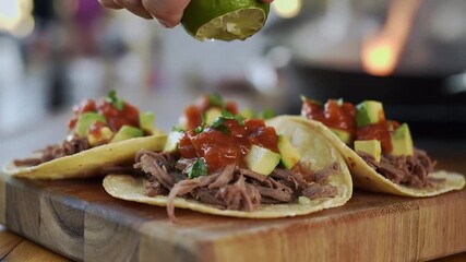 Hand squeezing lime over Mexican tacos with beef and salsa - Powered by Adobe