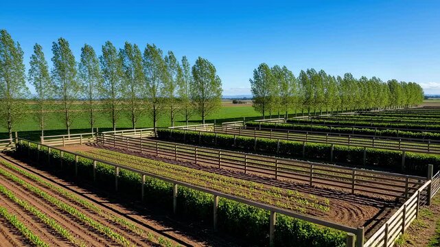 Medium shot of segmented paddocks with windbreaks showing trees and fences protecting crops from strong winds under a clear sky