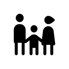 A simple black and white icon depicting a family consisting of a father mother and child holding hands