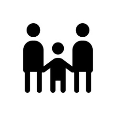 A simple black and white icon depicting a family consisting of two adults and a child holding hands together