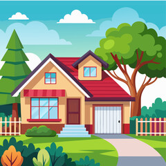 Charming suburban house exterior with red roof and green yard vector illustration