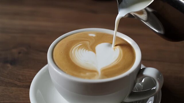 Pouring milk into coffee to create latte art