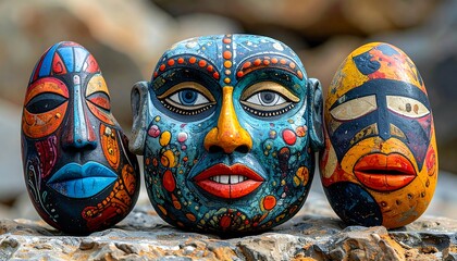 Colorful sculpted faces on rocks
