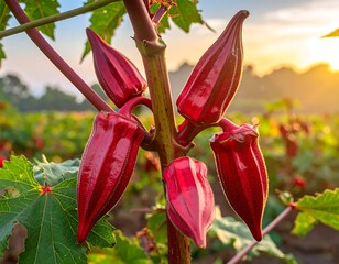 Vibrant red hibiscus pods on plant
