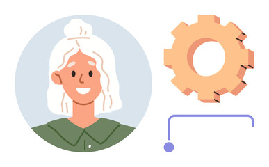 Smiling woman portrait beside gear icon linked by connector, symbolizing teamwork, ideas, innovation, and progress. Ideal for business, leadership, HR, career growth productivity networking