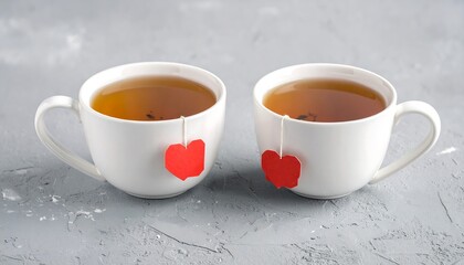 Two mugs of tea with heart tags, sitting on textured grey background, close-up