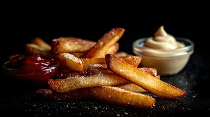 Crispy french fries with dipping sauces