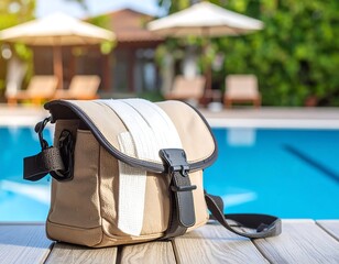 Beige bag on wooden deck near pool