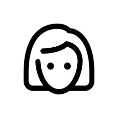 A simple black and white icon depicting a stylized woman's face with short hair and minimal facial features
