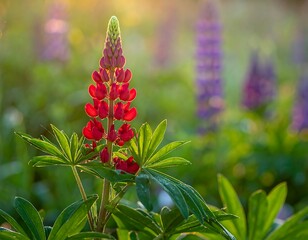 Vibrant red lupine in sunlight