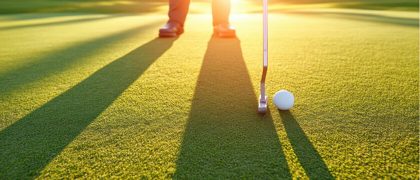 Golf shadow green putter sunrise sport silhouette sunbeam footwear leisure long shadow reaches across smooth green as putter aligns with golf ball warm sunrise, calm mood, precision moment