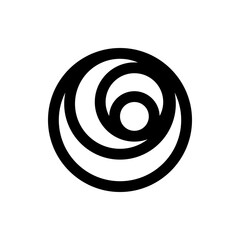 A simple black and white illustration of a spiral design with concentric circles and a central dot element