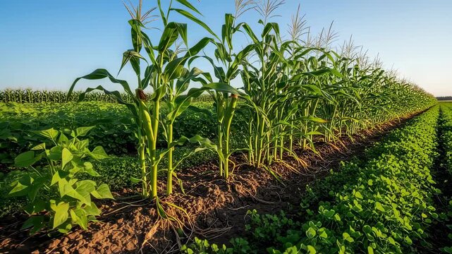 Medium shot highlighting the pairing of leguminous plants with tall stalk crops emphasizing natural nitrogen fixation and improved yield through companion planting methods.