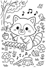 Cheerful raccoon plays xylophone in forest with bird and snail friends
