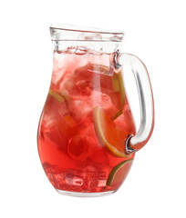 Tasty fruity punch in glass jug isolated on white