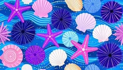 Colorful seashells, starfish, and sea urchins on wavy ocean background