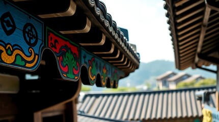 Traditional Korean Dancheong Pattern on Palace Roof Eaves