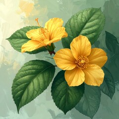 Vibrant yellow hibiscus blossoms on foliage