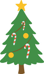 Christmas tree with bauble, star and christmas candy