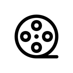 A simple black and white icon depicting a film reel with four circular openings and a trailing film strip