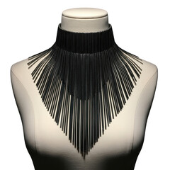 Black fringe statement necklace on mannequin isolated on transparent background