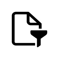 A simple black and white icon showing a document with a filter symbol attached to the bottom right side