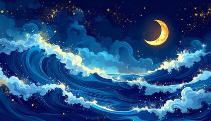 Ocean Waves Under the Night Sky A Celestial Dreamscape of Water and Stars