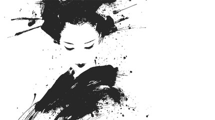 Grunge ink painting of a traditional Japanese geisha with kimono in expressive brush art style © ink drop