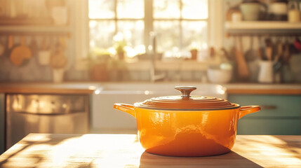 Orange Dutch Oven on a Kitchen Table in Morning Sunlight
