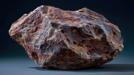 Detailed close up of a textured meteorite against dark backdrop