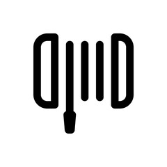 A minimalist black and white icon depicting a coiled fire hose with nozzle hanging downwards centered view