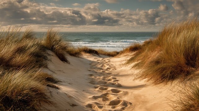 Windy beach path through sand dunes at sunset. AI image