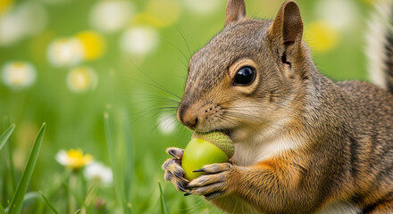 Macro Squirrel Eating Green Acorn Among Spring Flowers