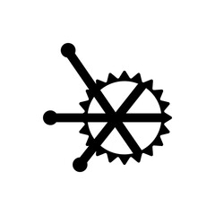 A black and white graphic design featuring a spoked wheel with radial lines and circular ends on a white background