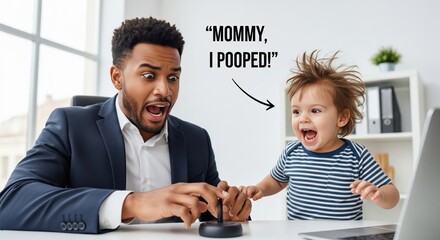 A father working from home is interrupted by his young child, who loudly announces, “Mommy, I pooped!” creating a humorous and relatable work-life balance scenario.