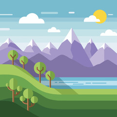 Vector illustration of a scenic mountain with a flowing river. Natural landscape design concept for travel, adventure, environment, and outdoor themes.
