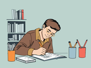 Vector illustration of a boy studying at a desk. Student doing homework, reading books, and learning education concept artwork.