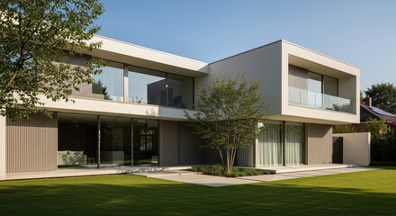 Modern Architectural House with Lawn. A wide shot of a modern, two-story house featuring clean lines, large windows, and a manicured lawn, representing architecture, real estate, modern living