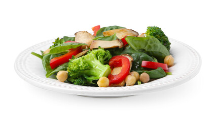 Tasty salad with eryngium mushrooms, chickpeas, vegetables and spinach isolated on white